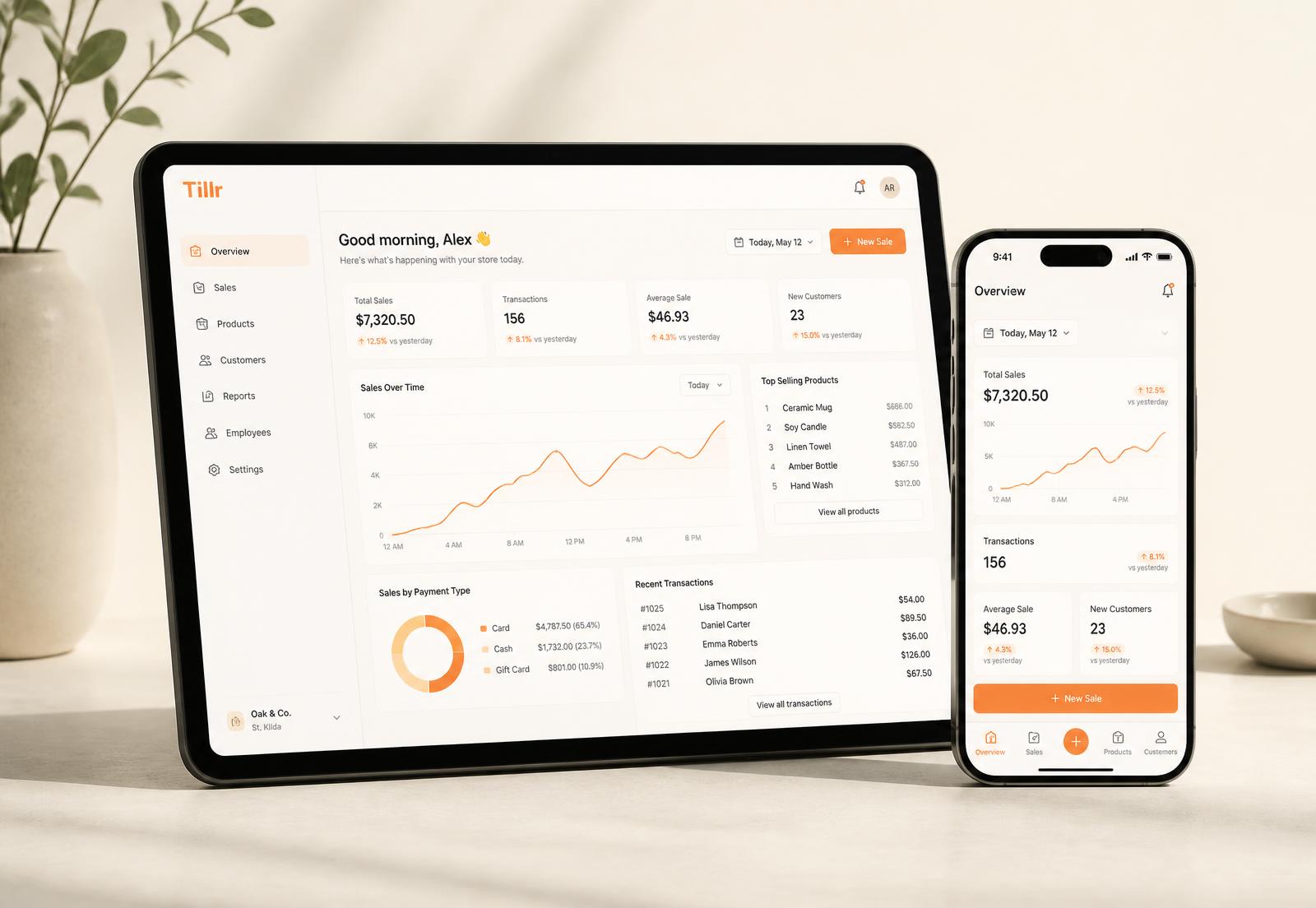 Mockup dashboard Kafipos di tablet dan ponsel